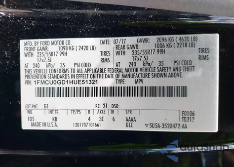 2017 Ford Escape Se from USA, damaged, VIN 1FMCU0GD1HUE51321